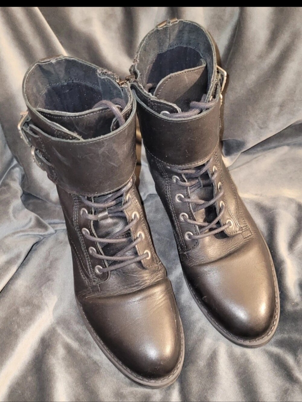 Fat Face Black Genuine Leather Double Buckle Flat Ankle Biker Boho Boots Sz US 8